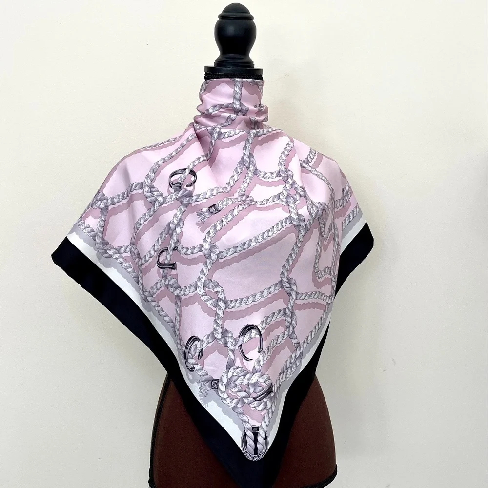 New Gucci Silk Scarf Pink Ropes Print Black Border Silk Wrap Scarf - Picture 2 of 15